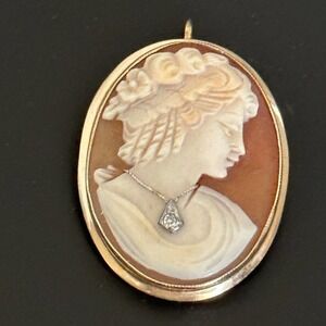 Vintage 14K Solid Yellow Gold Carved Cameo Shell Diamond Necklace Brooch Pin